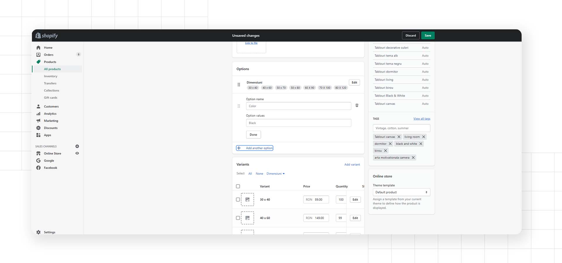 shopify backend product page variant